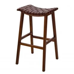 Ars manufacti Tabouret de bar Bourbourg - Cuir tressé / Teck massif - marron cognac / Teck
