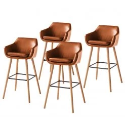 Mørteens Chaises de bar Nicholas I - Imitation cuir / Chêne massif - Marron vintage - Lot de 4